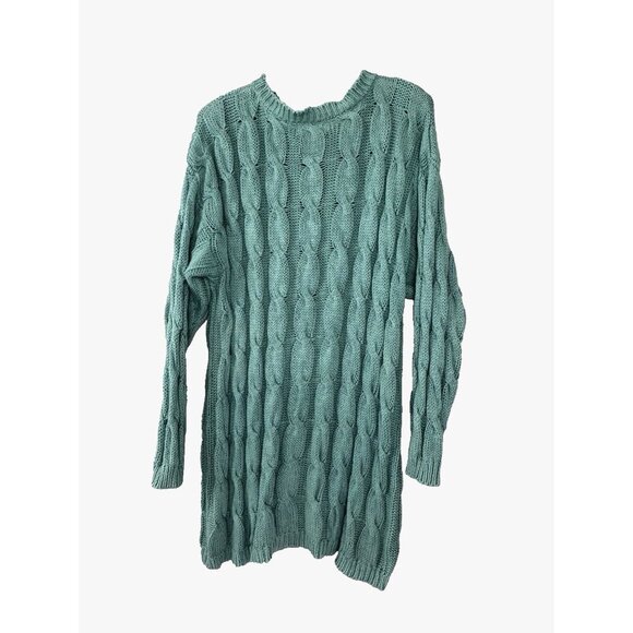 Vintage Chunky Cable Knit Extra Long Sweater Dress L Seafoam Green Fisherman Fit - Picture 2 of 14